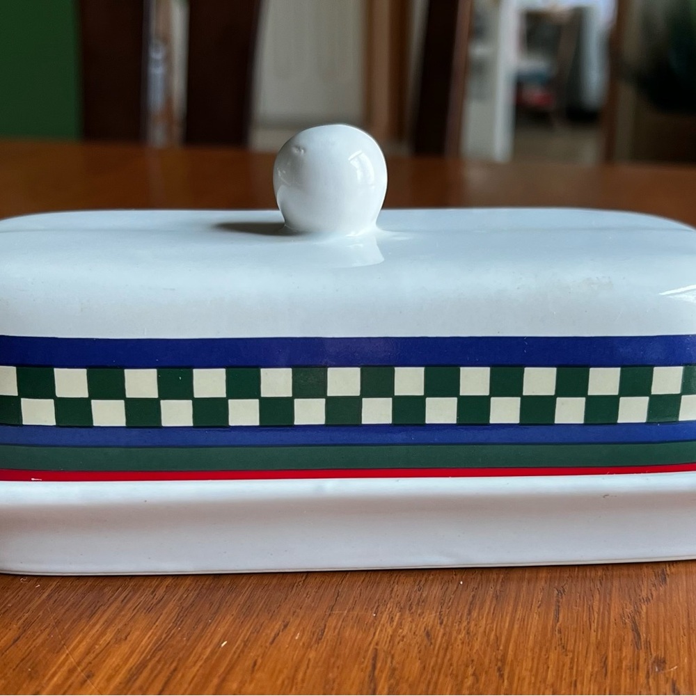 Ceramic Butter Dish with Checkered Design